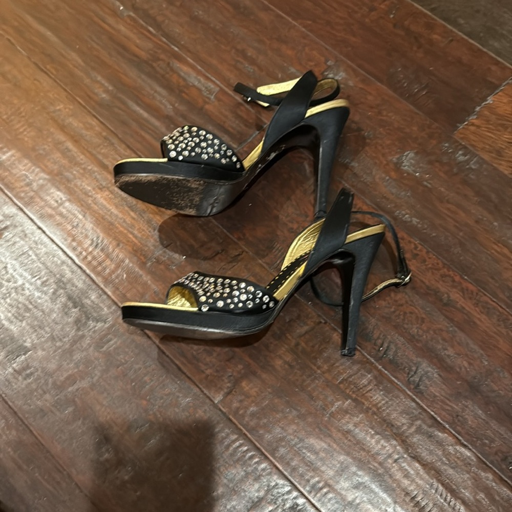 Gently Loved Elegant Black with Jeweled Wrap Around the Ankle  Sandals - Picture 2 of 5